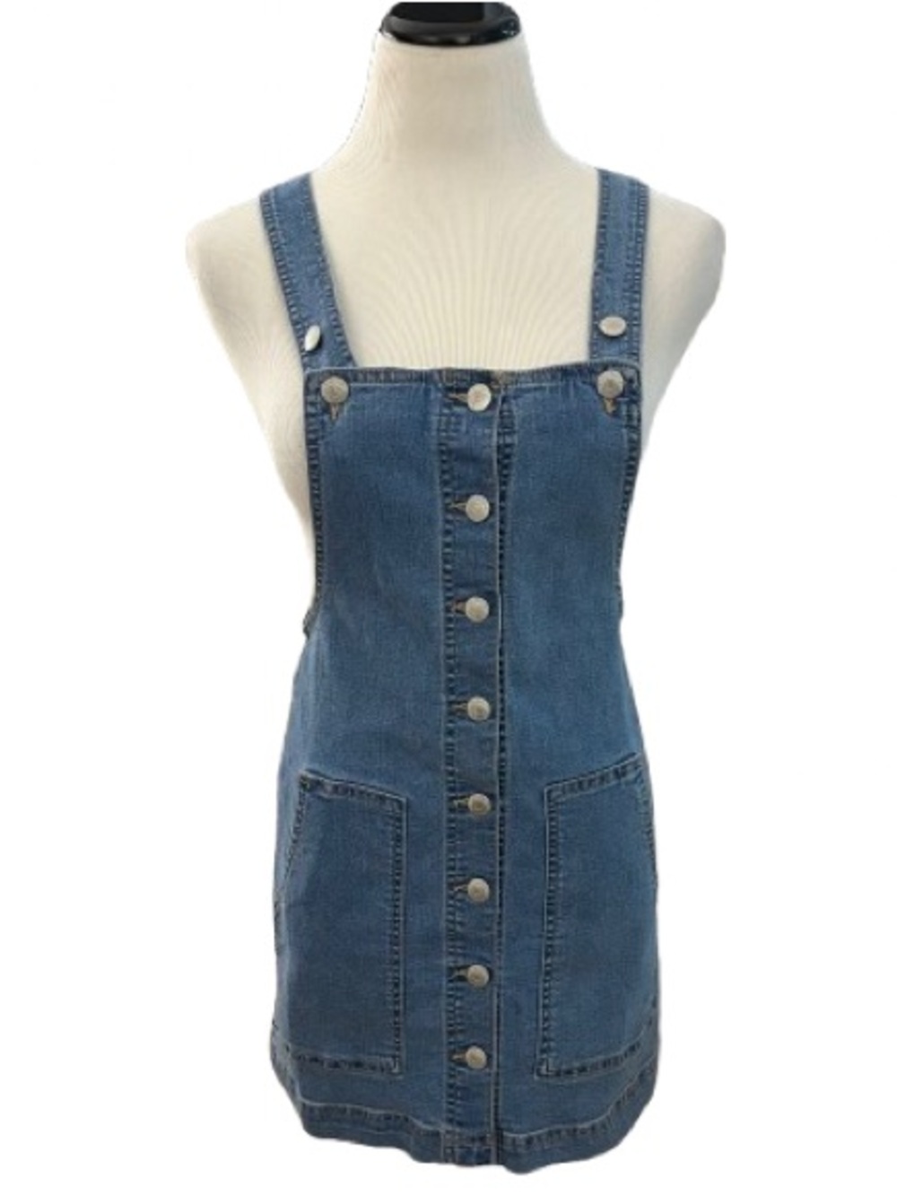 Blue Spice Midwash Denim Button-Front Pinafore Mini Dress Women’s Size S.